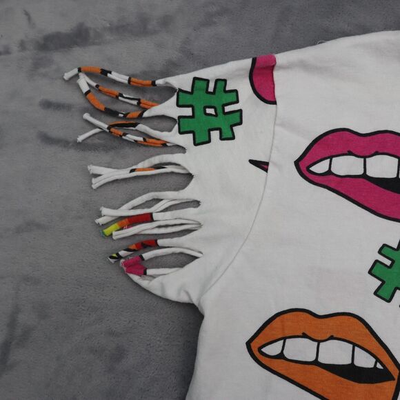 On Fire Shirt Womens L Multicolor Short Sleeve Crew Neck Fringe Hem Tee - Picture 7 of 14